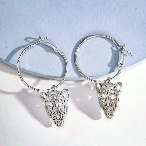 Any 3/$25! Silver Hoops w/Laser Cut Tiger Pendant Earrings - Picture 5 of 7